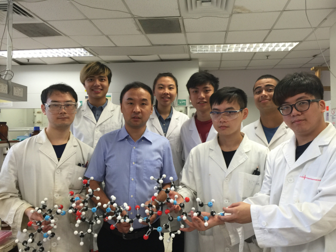 Dr  Xuechen Li (second from the left in the first row) and his teixobactin project-team at HKU Department of Chemistry, including 3 Ph.D students and 4 undergraduate students.